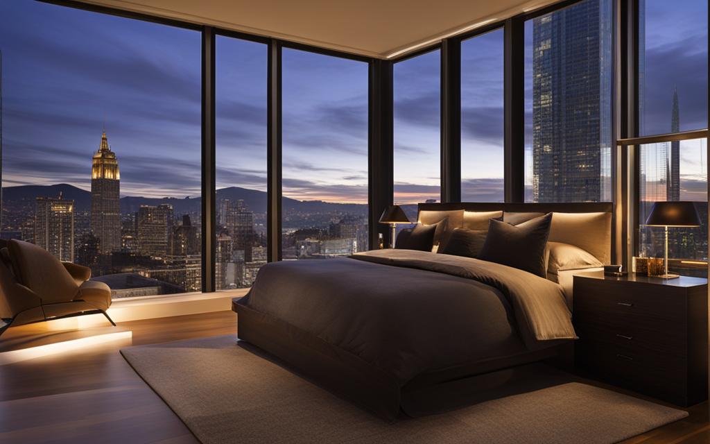 Dormitorio de noche con Ventanas de termopanel que aisalen el ruido de la ciudad entregando mayor confort