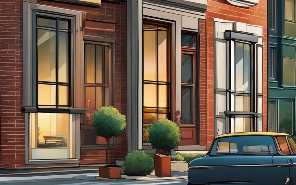 Ilustración de calle ruidosa con la fachada continua de una casa con ventanas antiruido de perfil de PVC blanco