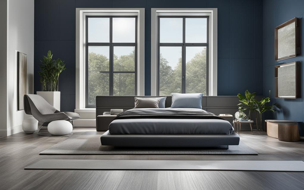 Dormitorio muy amplio con colores grises y azules y Ventanas temropanel altas de fondo