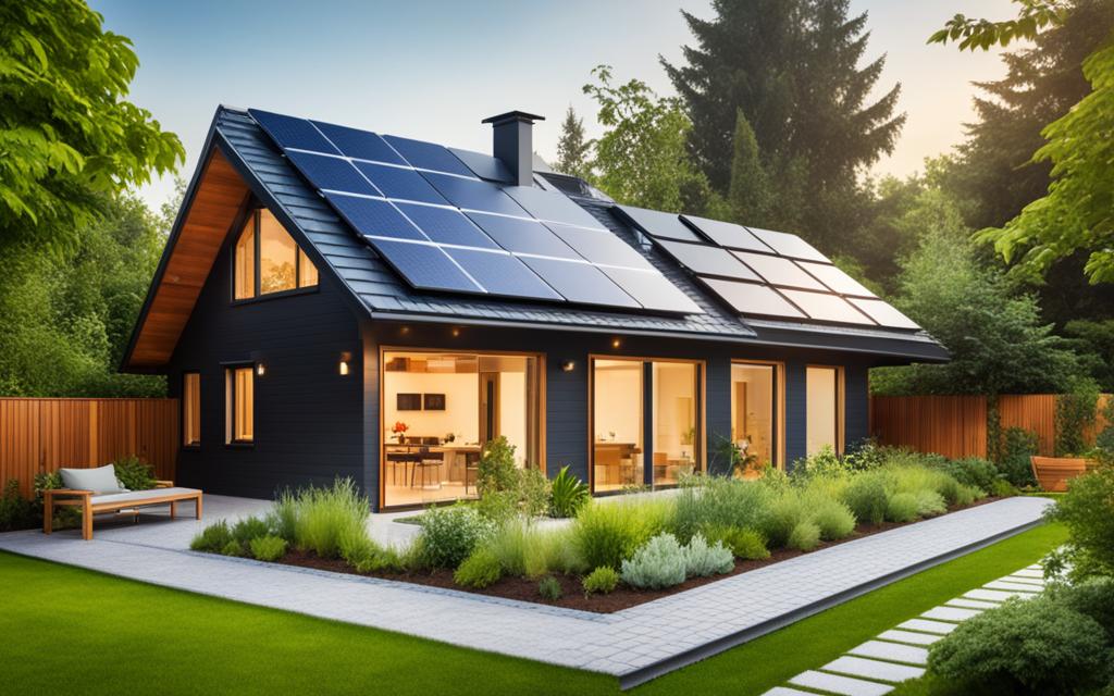 Casa de estilo tradicional pero con paneles solares y mucha vegetación. Aquí se aplica la eficiencia energética residencial