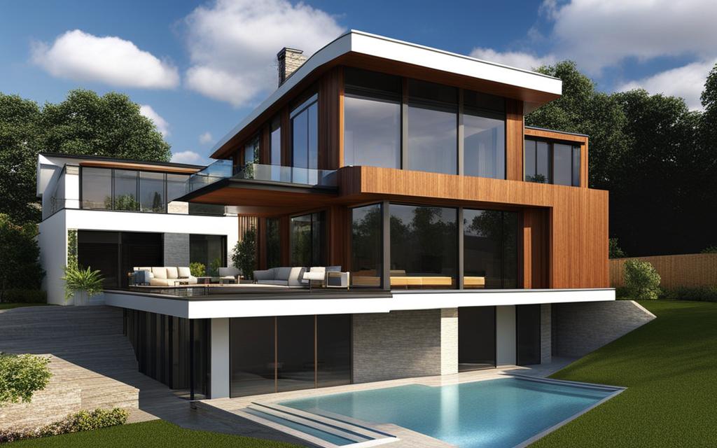 Exterior de casa de dos pisos con piscina y Ventanas Eficientes