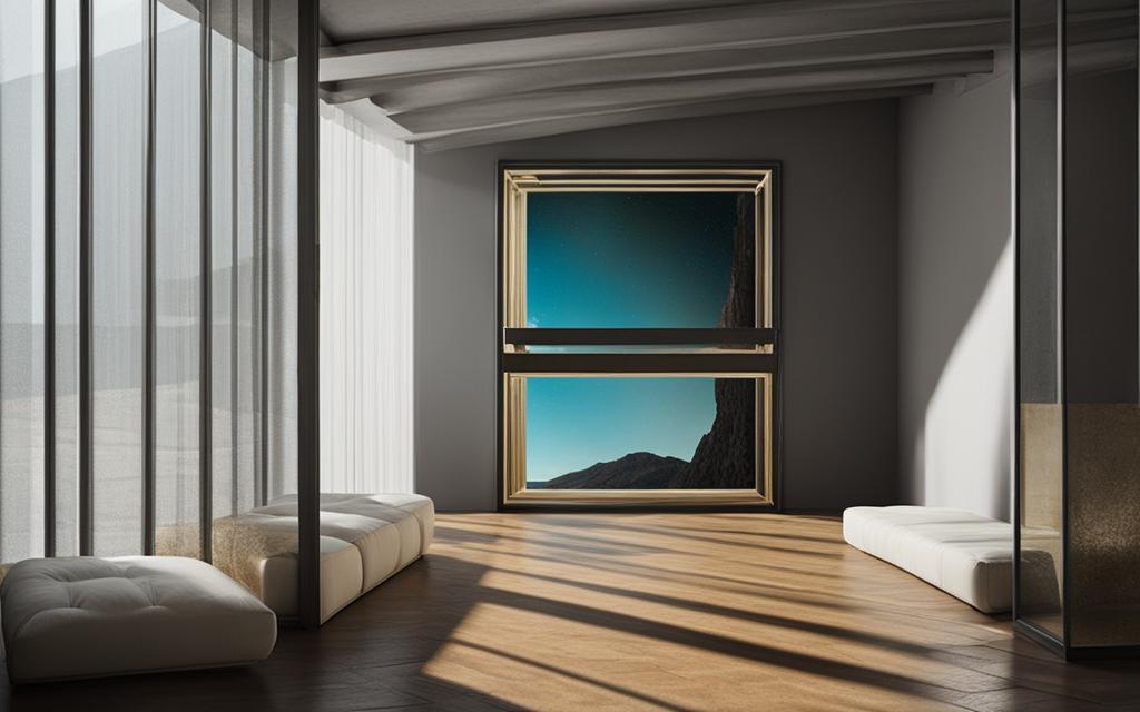 Pasillo de casa moderna con cuadro conteptual de fondo. A un costado tiene ventanas hermnéticas de termopanel