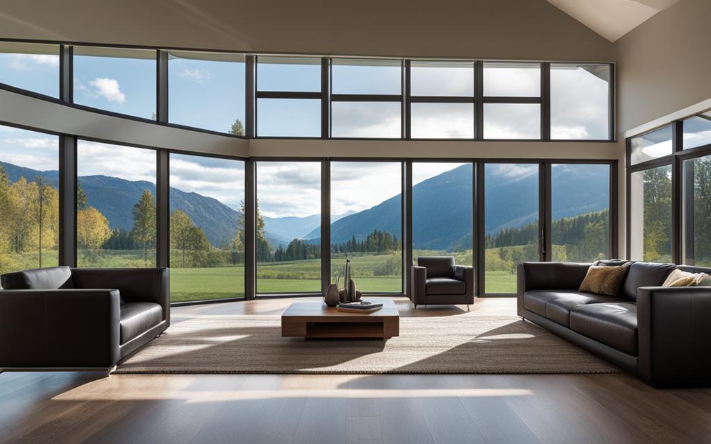 Living de casa lujosa con vista panorámica a través de ventanas de termopanel sin perfiles