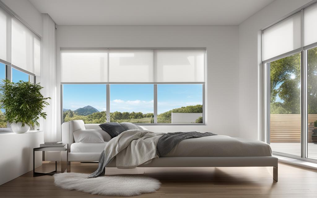 Dormitorio estilo nórdico con rotinas roller blancas y Ventanas Termicas con marcos de PVC