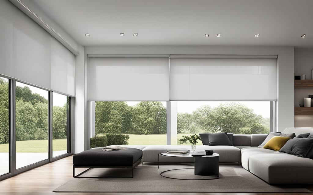 sala de estar de hogar con cortinas roller blancas y ventanas con termopanel de PVC