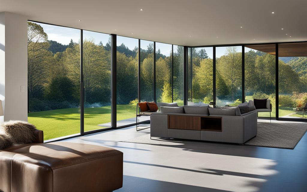 Amplio living de casa moderna con colores sobrio y ventans de termopanel con perfiles PVC negros