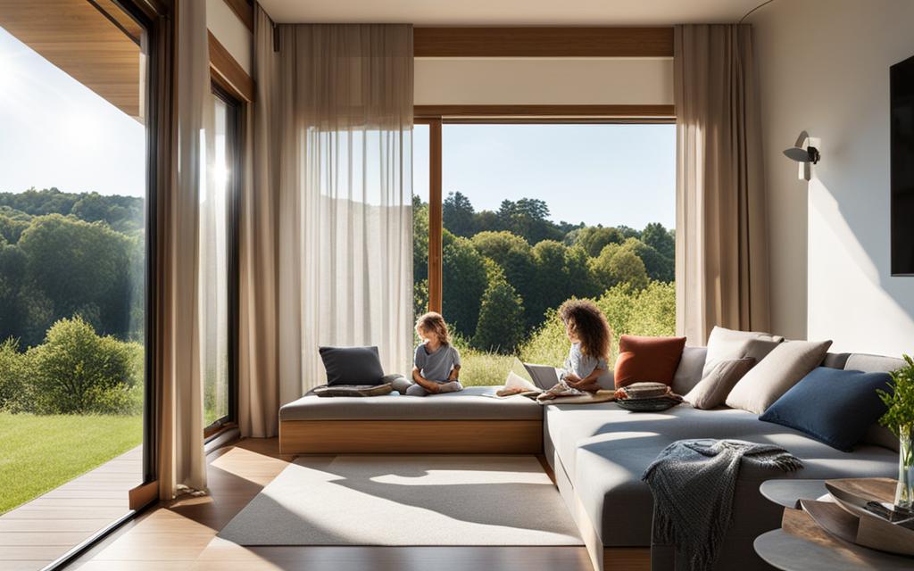 Niños en sala de estar con grandes ventanales de Termopanel que miran al bosque