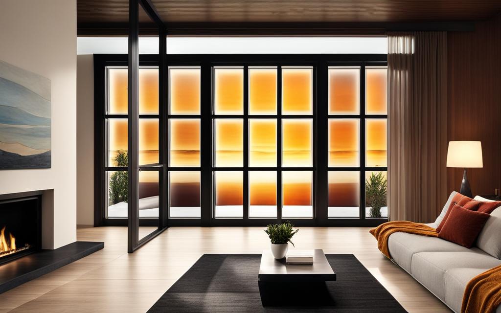 Render a Interior de living con Ventanas Termopanel y atardecer de fondo
