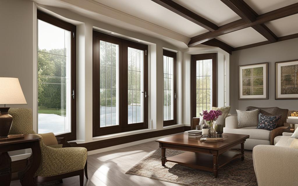 Interior de Living decorado con tonos café y con ventanas de marcos de Madera y termopanel