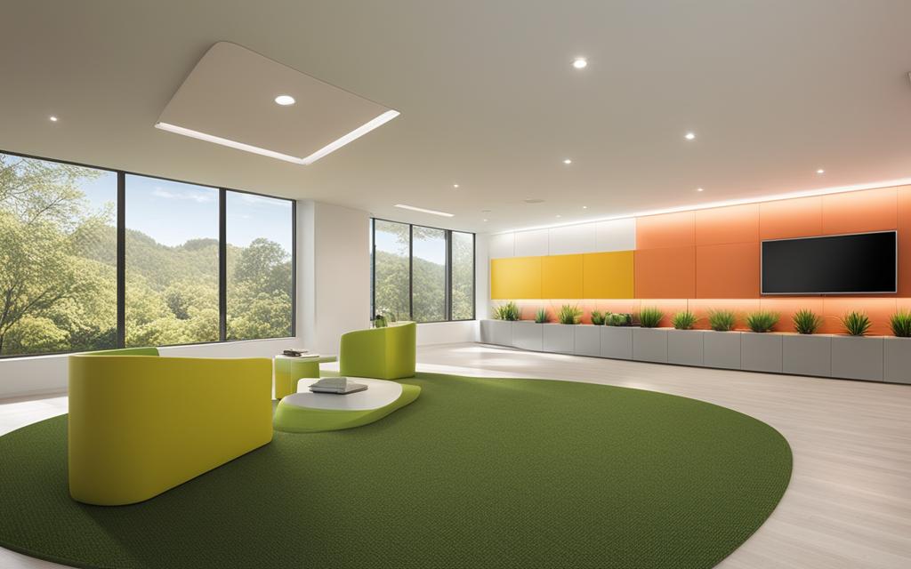 Espacio amplio y contemporaneo con muebels minimalistas, colores puntuales y con luz principal a través de ventanas Termopanel