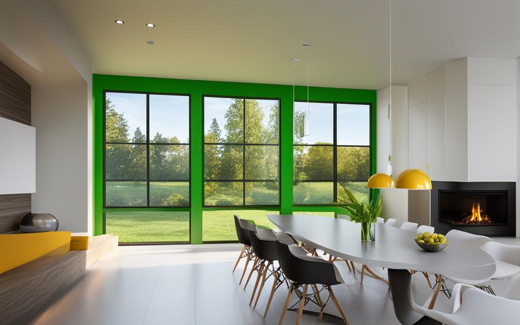 Comedor de hogar contemporáneo con muebles minimalistas, chimenea y ventanas de Termopanel con marcos verde