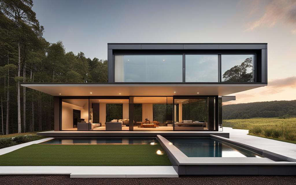 Casa moderna de dos pisos con un amplio living iluminado con luz cálida y amplios ventanales de vidrio termopanel