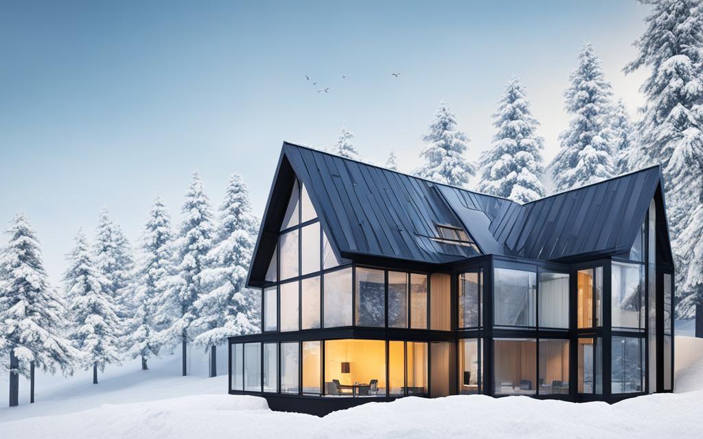 Casa de dos pisos rodeada de nieve, aislada del frío con vidrios de Termopanel